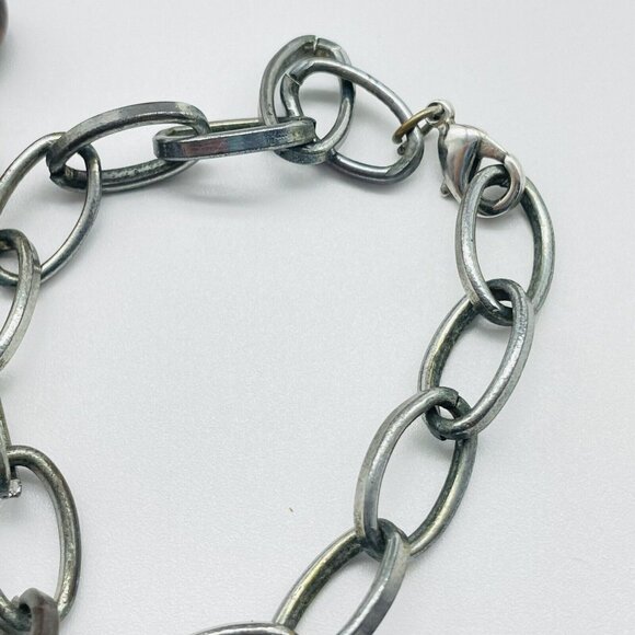 Black Brown Beaded Chain Necklace Open Link Mixed Metal Tones Hammered Classic - Picture 3 of 6